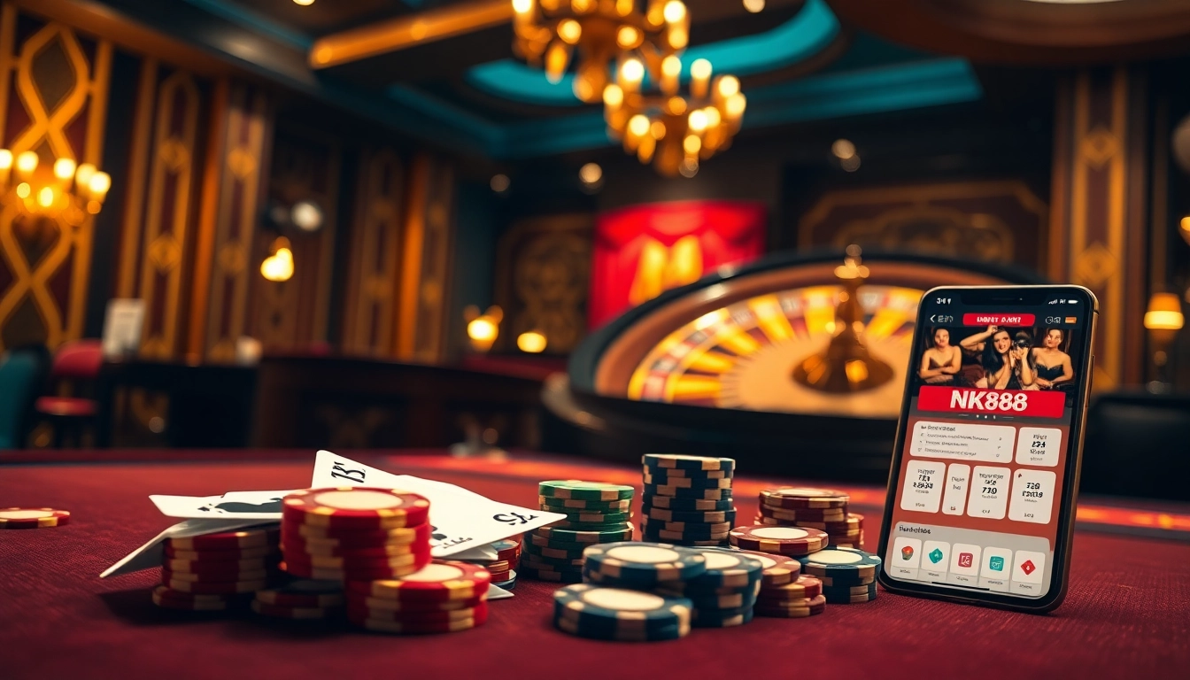 gamblers enjoying a thrilling experience at https://nk88s.net/ with vibrant casino tables and lively games.