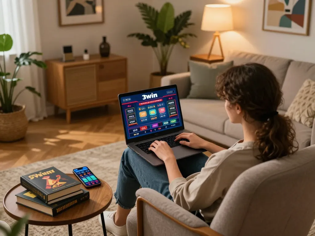 Engaging in 3win online casino gaming with a laptop in a cozy, stylish home setting.