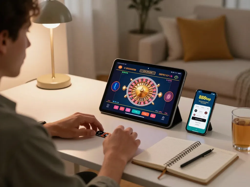 Engaging with the 888top app at home while focusing on live dealer gameplay strategy.