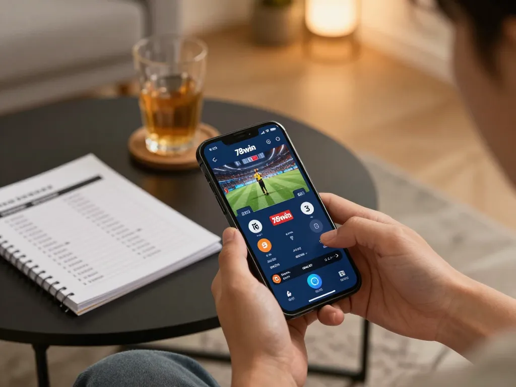 Engaging online betting moment with 78win app on a smartphone in a cozy home setting