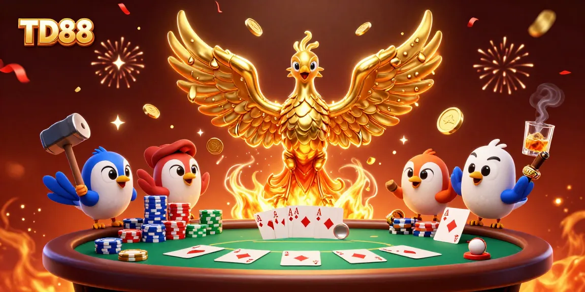 Experience the excitement of TD88 as a golden phoenix emerges with poker chips and cards.