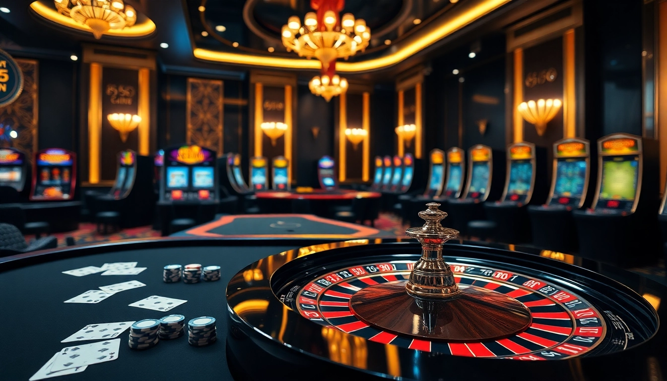Engaging scene of luxury gambling at 555WIN casino, featuring tables and vibrant atmosphere.