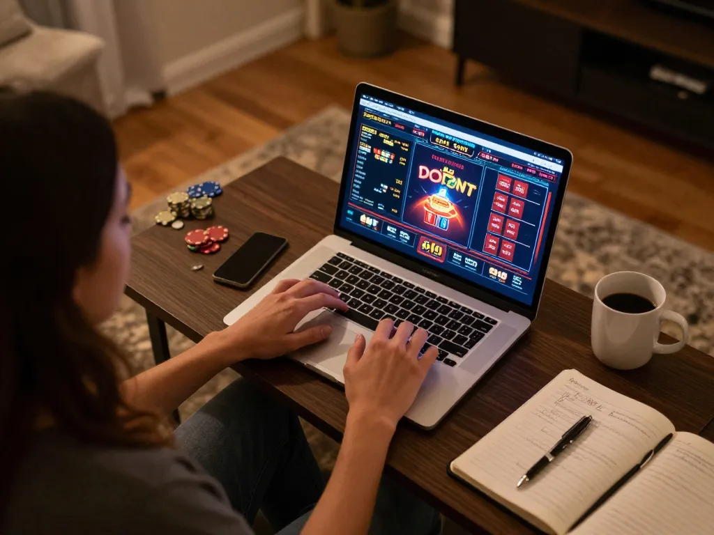Engaging online gaming experience at https://888now.cfd/ with laptop and personal betting notes.