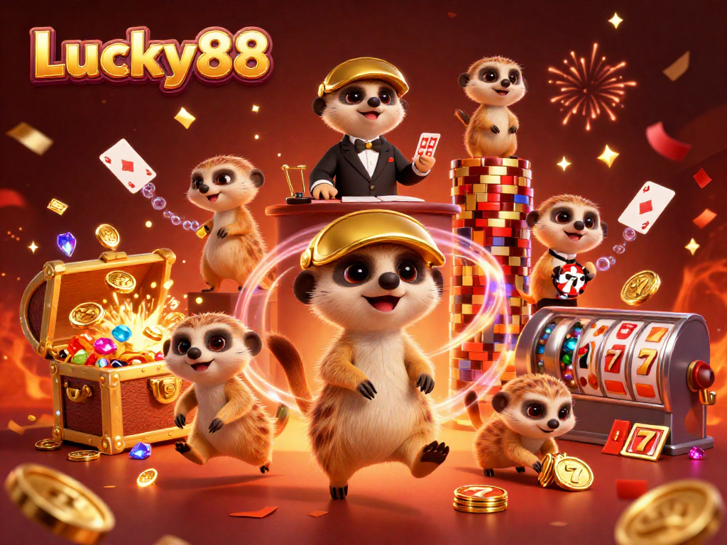 Experience Lucky88 thrills with meerkats managing a vibrant casino, bursting with gold and gems!