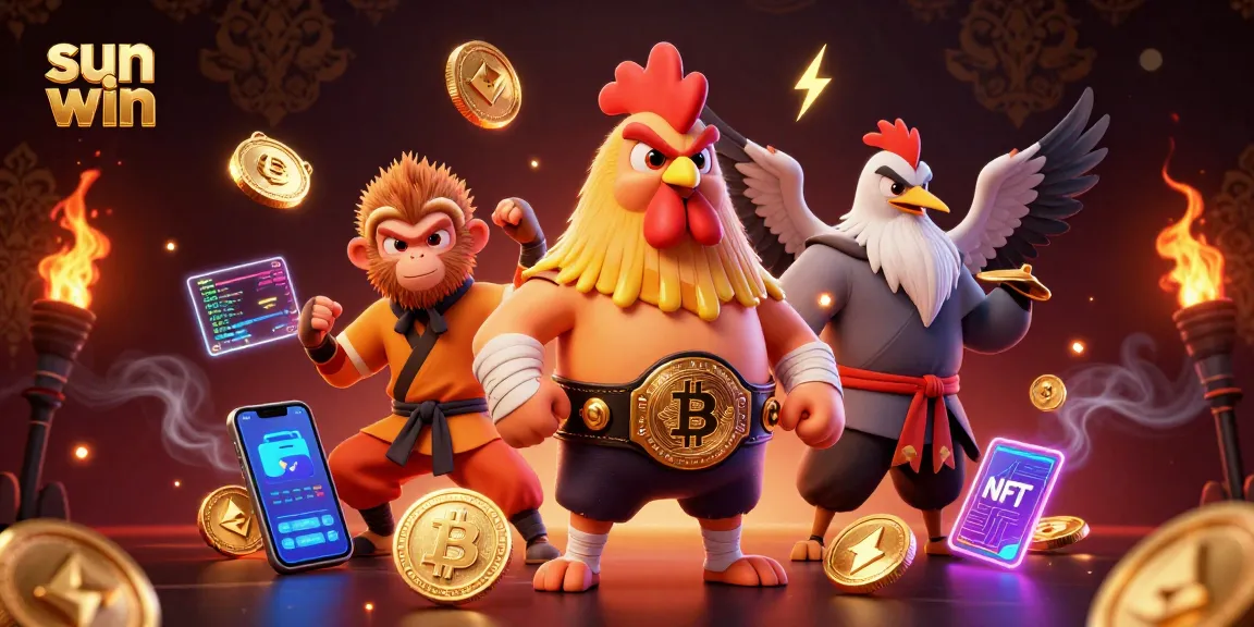 Engage with thrilling gameplay at sun win, featuring dynamic characters battling amid vibrant crypto elements.