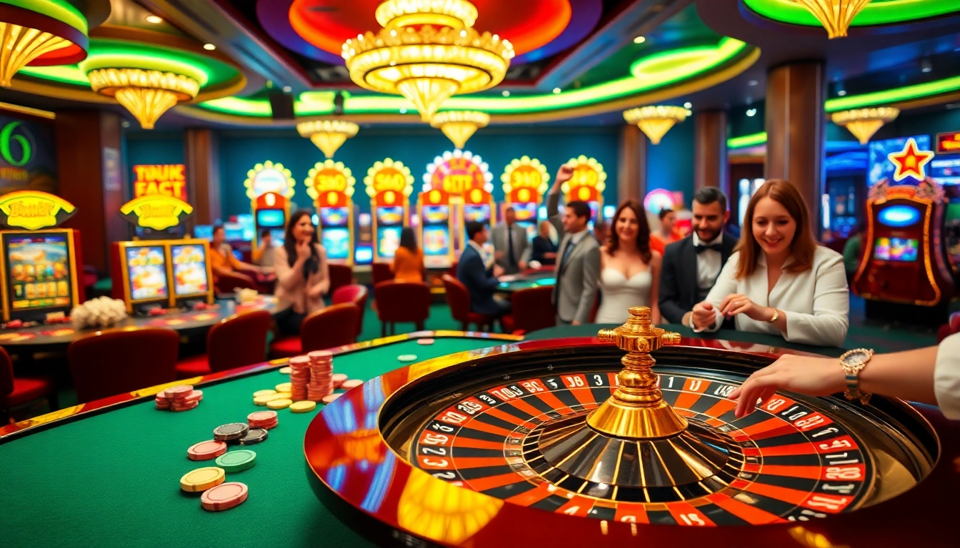 Players betting on a roulette table at 88bet casino, surrounded by vibrant slot machines and casino excitement.
