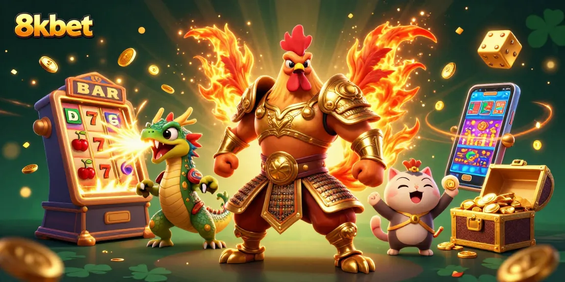 Engage in thrilling gaming at 8xbet with cartoon warriors and jackpot excitement in a vibrant illustration.