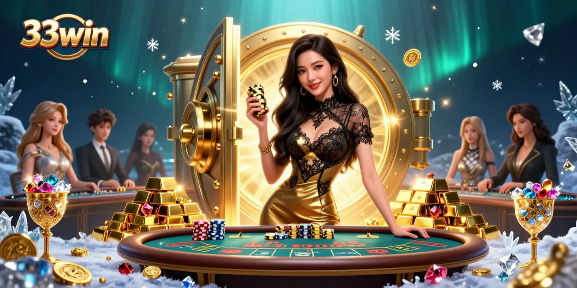 Engage in high-stakes gaming at 33win's VIP baccarat table surrounded by gold treasures and glamorous players.