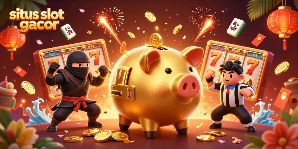Experience the thrill of situs slot gacor with an exhilarating scene of a golden piggy bank sumo wrestler and ninja opponents.