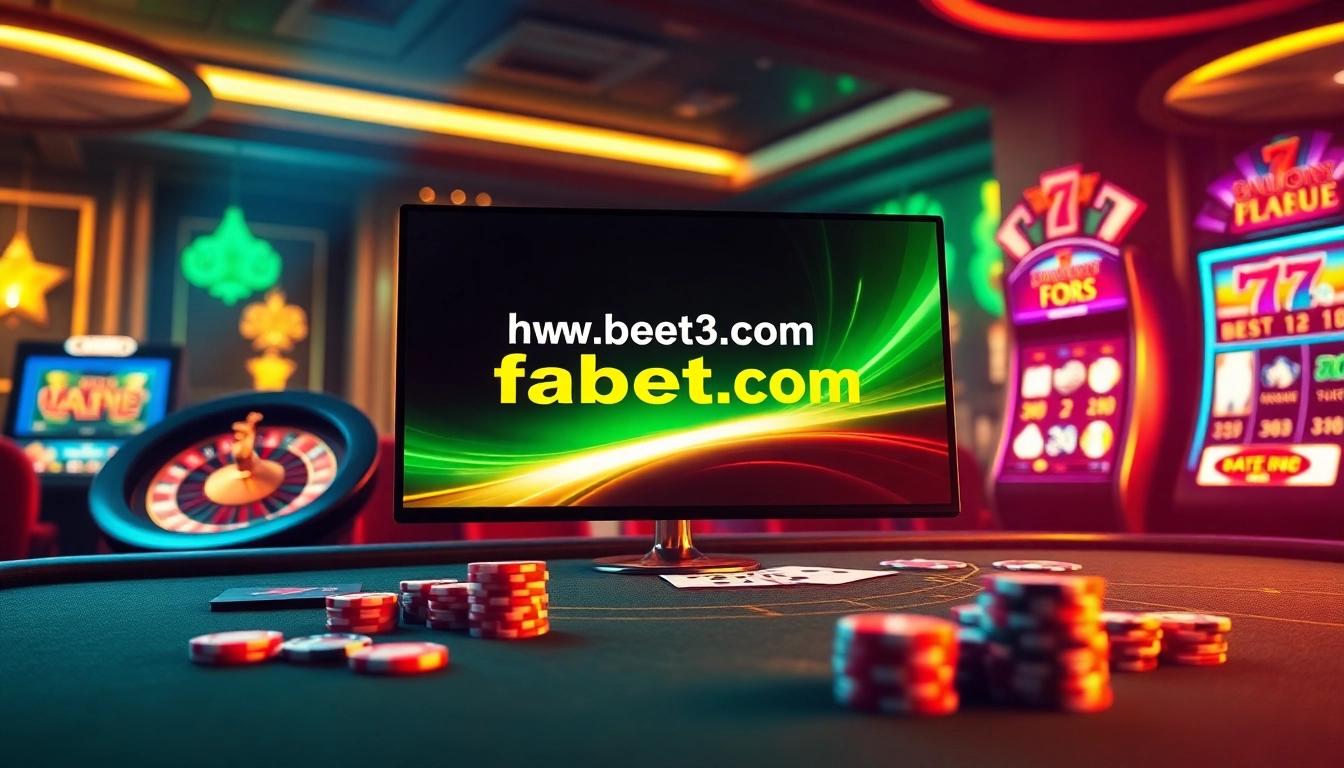 Experience the excitement of gambling at https://fabet3.com/ with a vibrant casino scene showcasing poker chips and a roulette wheel.