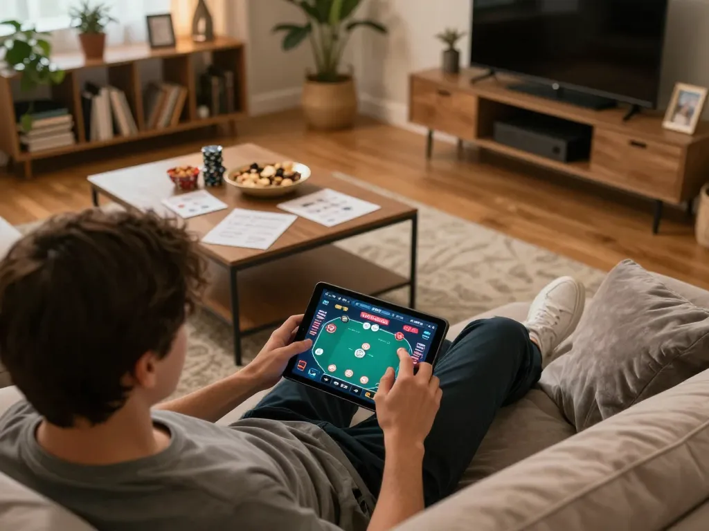 Player engaging in online gambling on lc88 app from a cozy home environment, showcasing strategic play