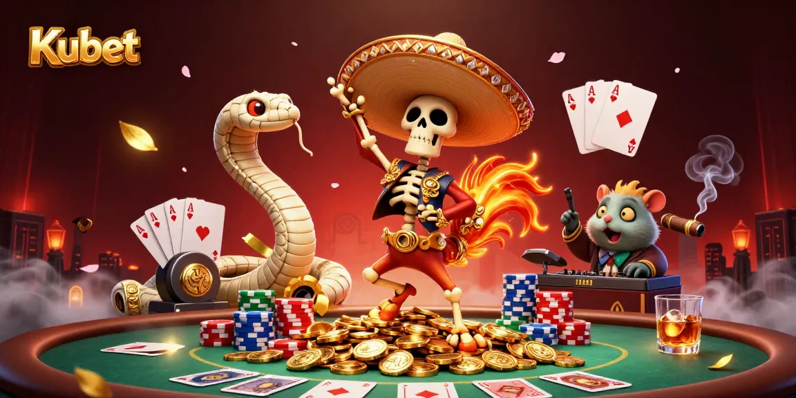 Kubet showcases a lively 3D scene with a dancing skeleton mariachi rooster surrounded by poker elements.