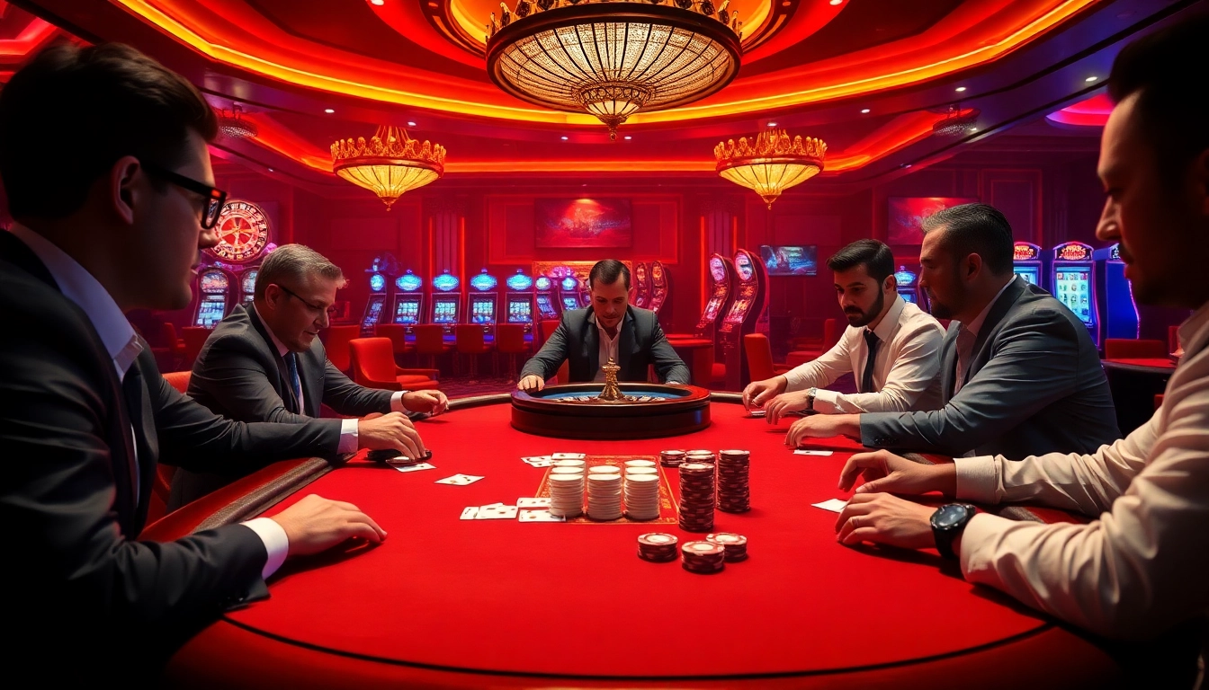 Engaging scene of players at a poker table showcasing a high-stakes game in an upscale casino setting featuring hz88.
