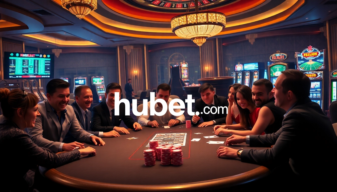 Players enjoying high-stakes poker at hubet.com, surrounded by vibrant casino elements and strategic gameplay.