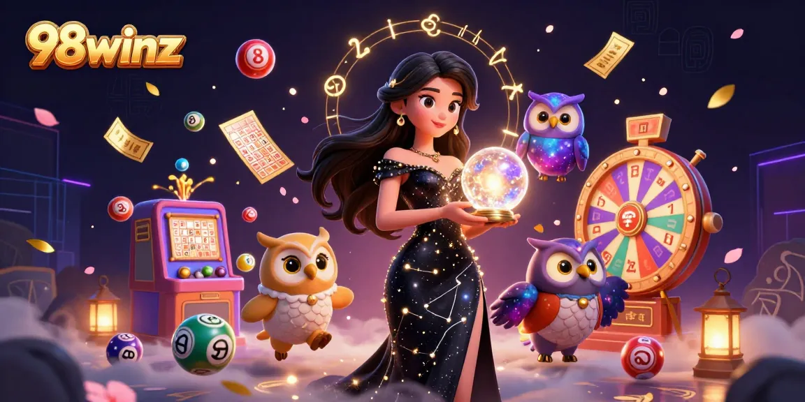 Engage with 98winz through a vibrant, dynamic online casino illustration depicting a mystical theme with colorful gambling elements.