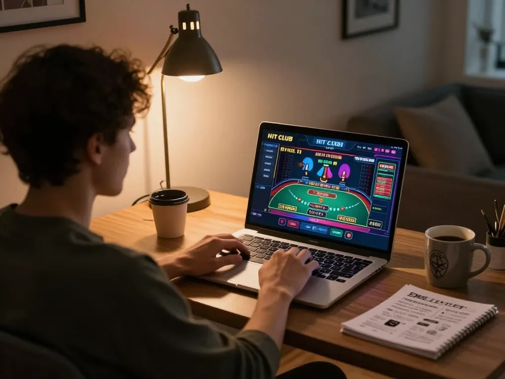 Engaging live dealer gaming on HIT CLUB platform in a cozy home office environment.