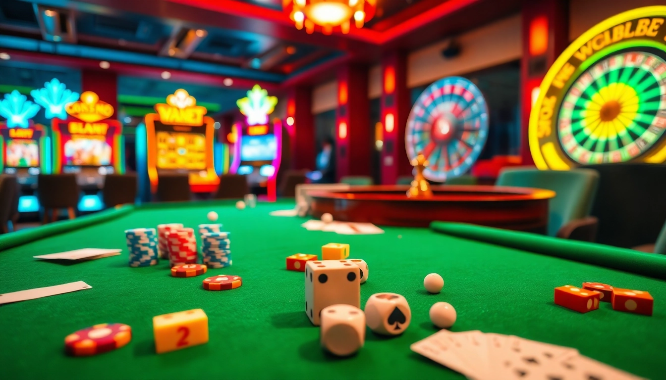 Exciting casino gaming at https://58win.watch/ featuring vibrant tables, poker chips, and slots.