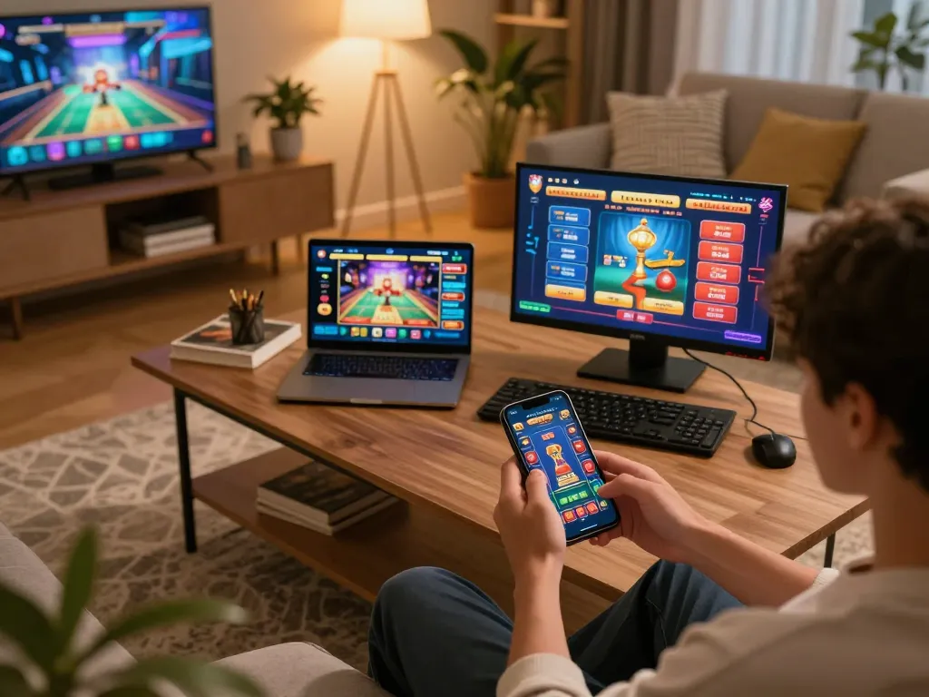 Engaging in mobile gaming on a smartphone in a stylish living room, showcasing 78wingo.