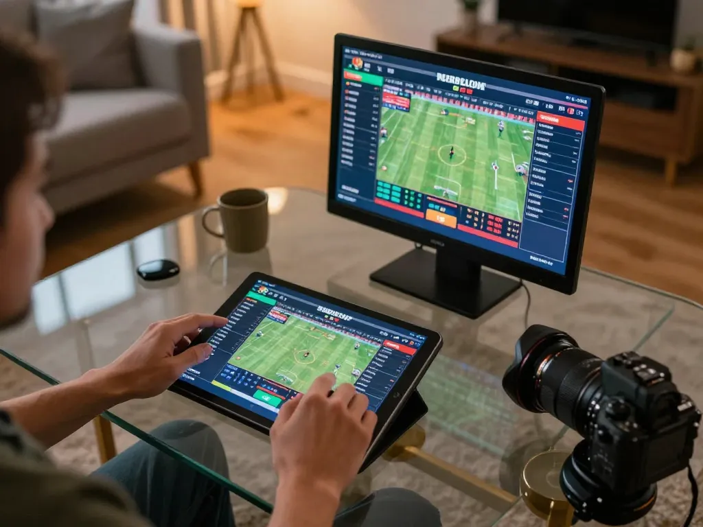Engaging sports betting on vsbet with live odds displayed on tablet in a modern home