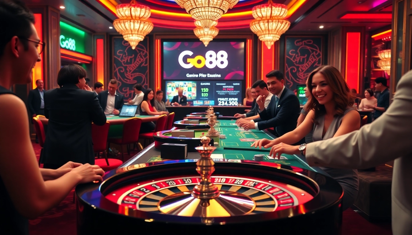 Go88 vibrant casino gaming scene with tables, roulette wheel, and excited players.