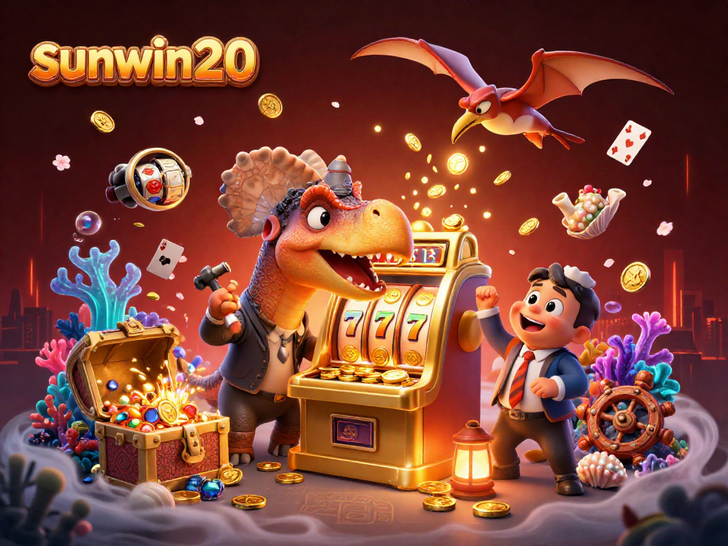 Experience the thrill of sunwin20 with an explosive jackpot scene featuring dynamic casino characters.