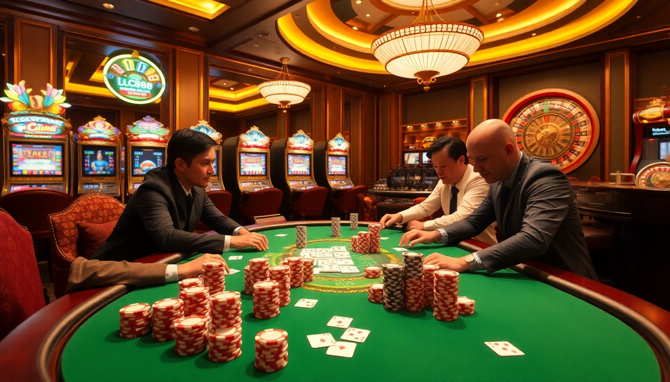 Experience the excitement of LC88 Casino with players at an elegant gaming table surrounded by vibrant casino elements.