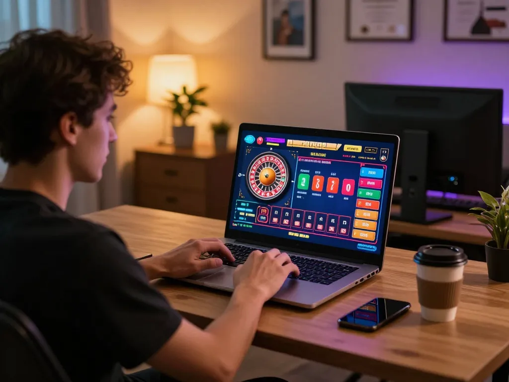 Player engrossed in MM88's online casino gaming experience with vibrant roulette interface