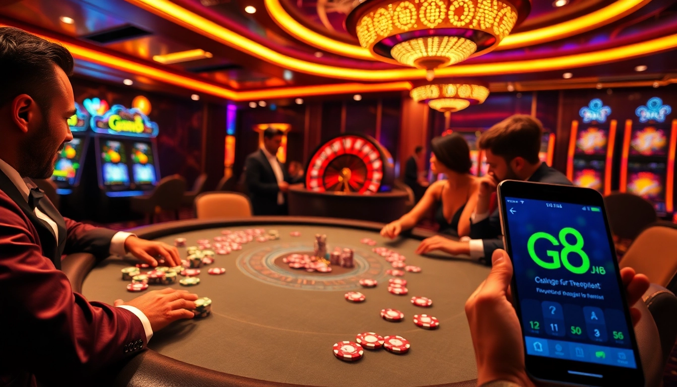 Go8 gaming excitement illustrated at a vibrant casino with tables, chips, and mobile betting.