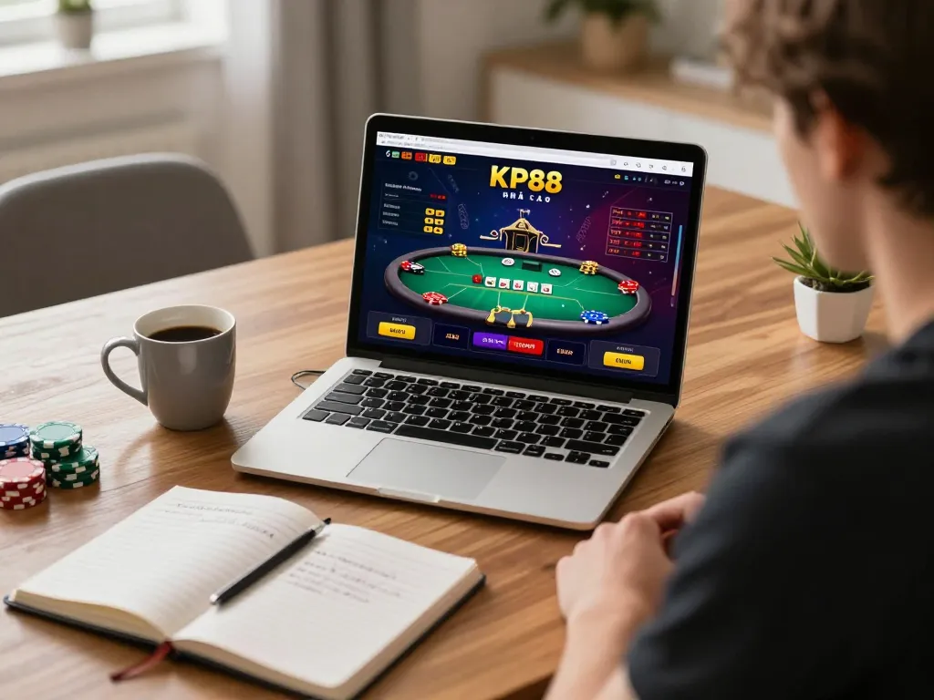 Person engaged in online gaming at KP88 nhà cái, focused on poker game interface with strategy notes nearby.