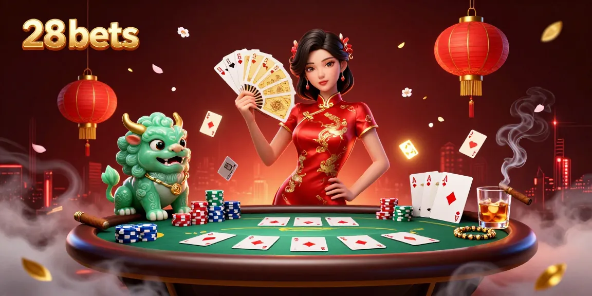 Engage with 28bets in an exciting scene dominated by a striking woman in a qipao, jade lion guardian, and vibrant casino elements.
