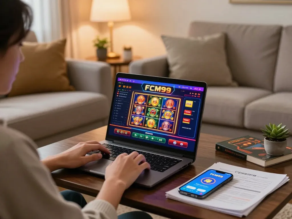 Player engaging with FCM99 online casino on laptop, showcasing vibrant game interface and strategy notes.