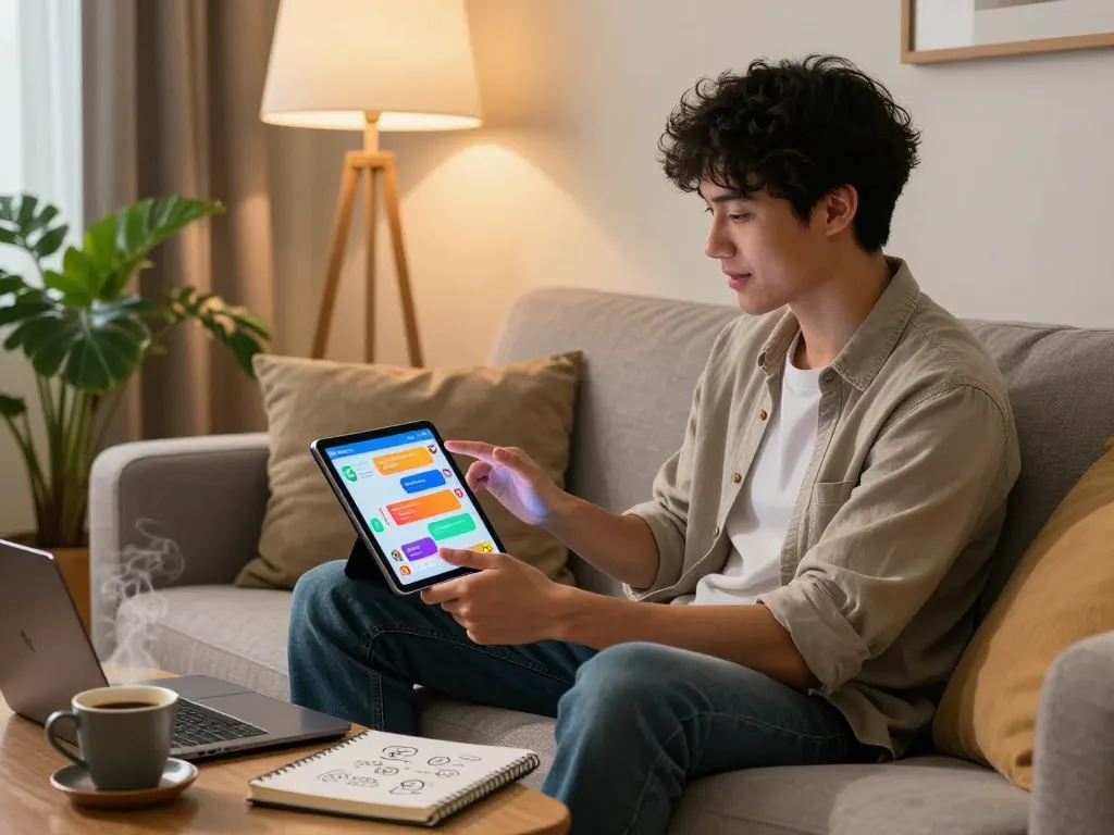 Young adult using a tablet for AI sex chat in a cozy home setting.