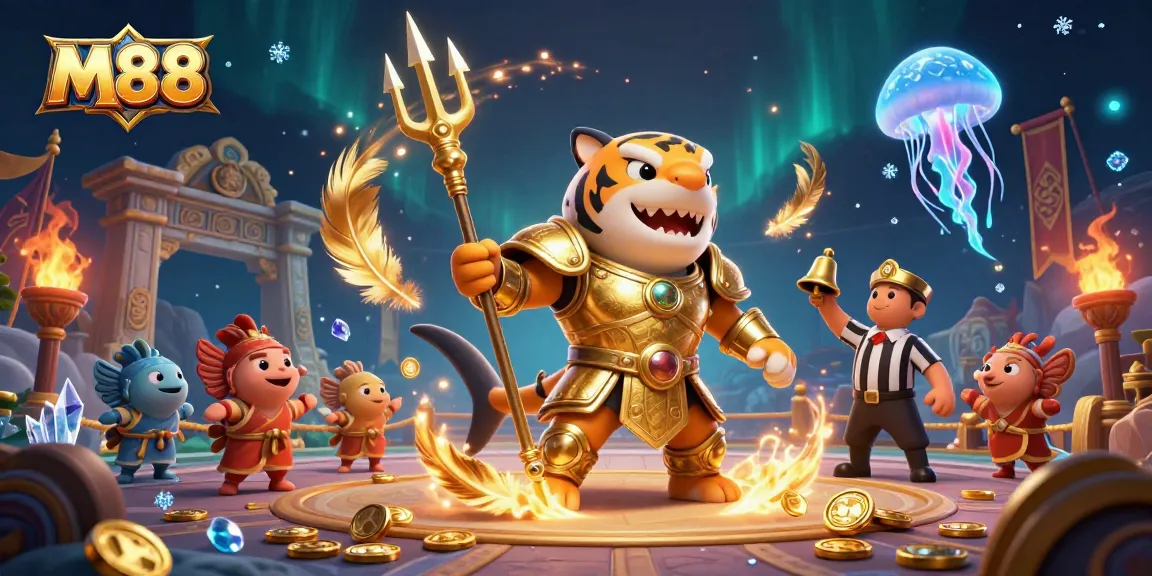 M88's underwater colosseum features a tiger shark in gladiator armor, showcasing gambling excitement.