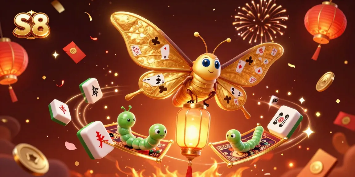 Play and win at S 8 casino with a vibrant, detailed illustration featuring golden moths and festive casino elements.