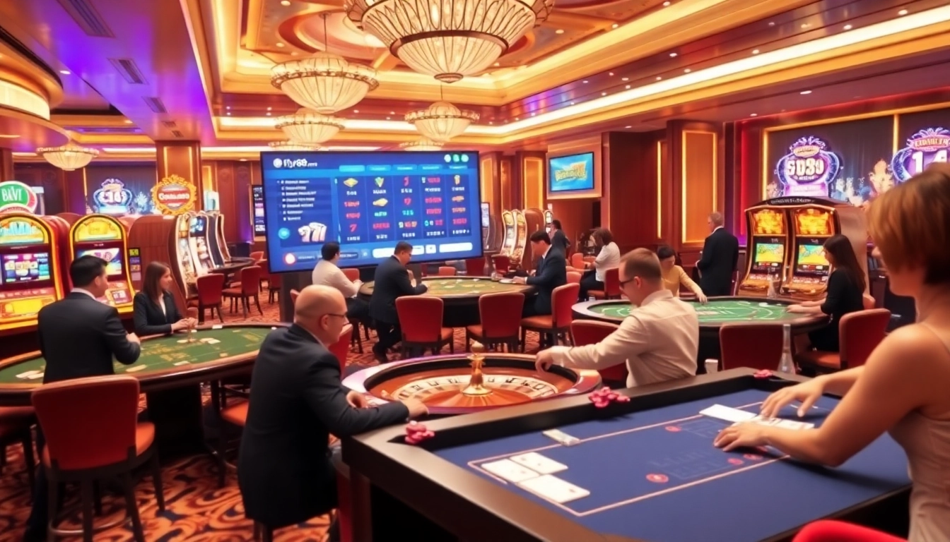Players enjoy a thrilling gaming experience at https://fly88.ae.org/ with luxurious casino tables and vibrant slot machines.