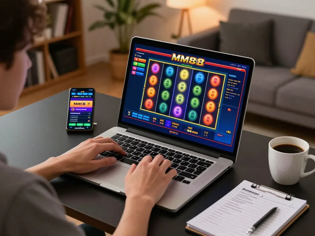 MM88 online gaming setup showcasing a person managing bets with a laptop and smartphone in a cozy environment