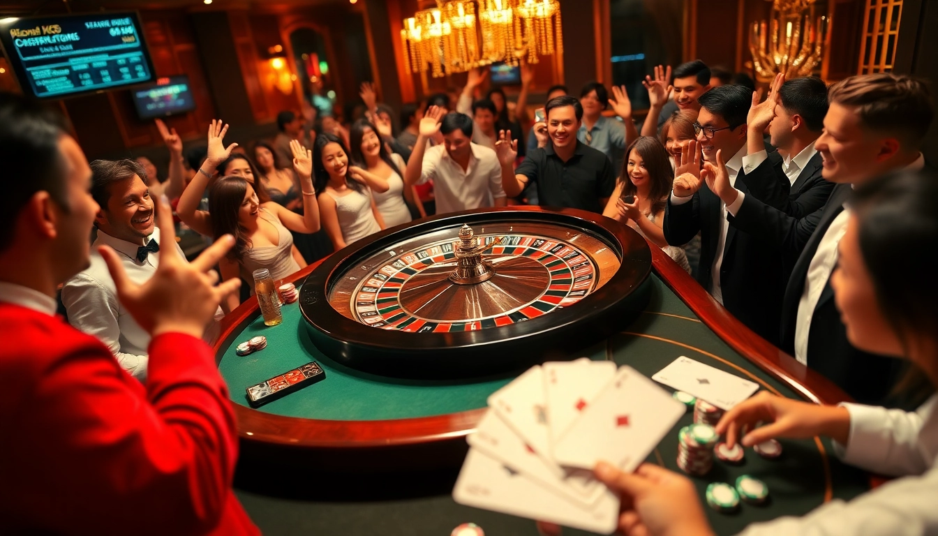 Experience the thrill of kqbd with engaging casino scene showcasing roulette and excited players.