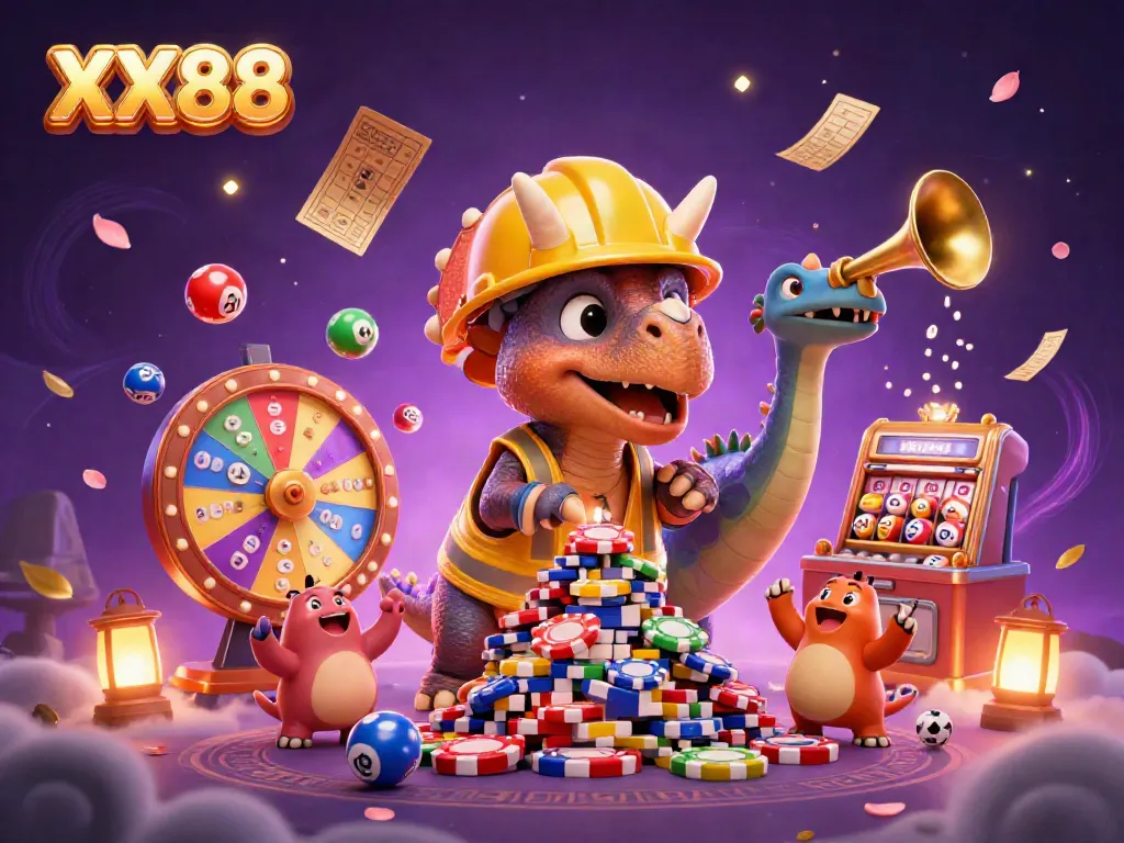 Engage in vibrant lottery games with XX88 featuring animated dinosaurs celebrating; a lively casino atmosphere.