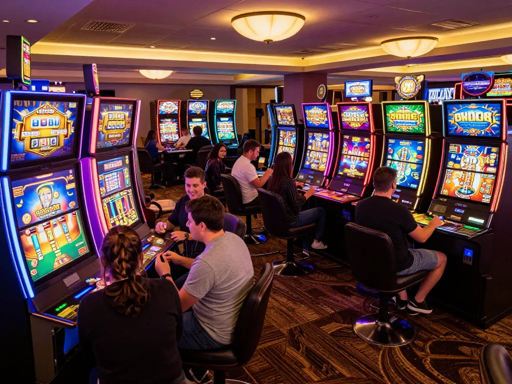 Pucuk138 players enjoying vibrant slot machines at a lively casino