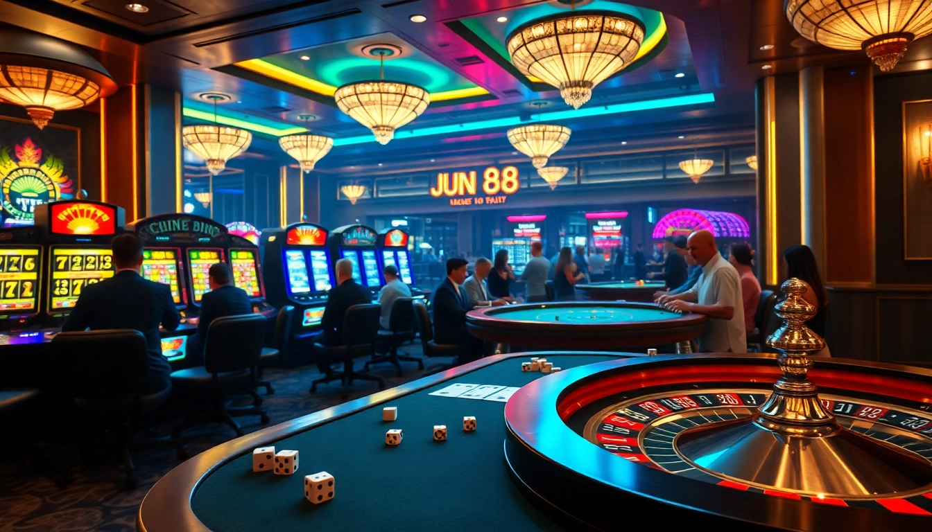Jun88 players celebrating wins at a vibrant casino table filled with cards and chips.