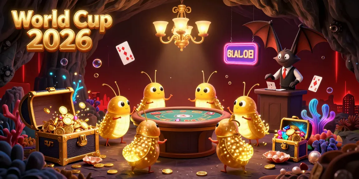 Experience the World Cup 2026 excitement in a vibrant cave casino with bioluminescent glowworms illuminating the scene.