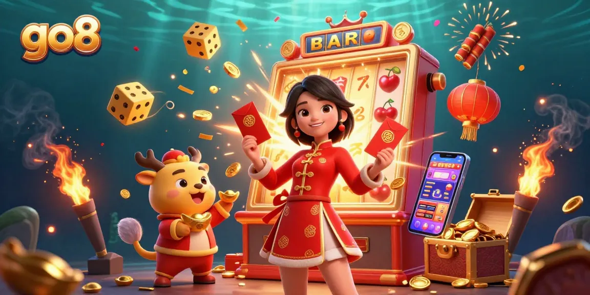 Experience excitement at go8 casino with vibrant visuals of a festive Lunar New Year celebration and slot machines.