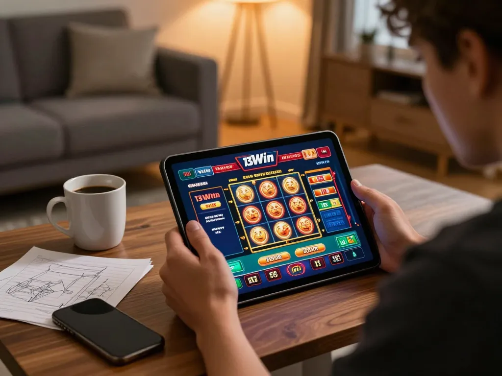 Player engaging with 13Win online casino on a tablet in a cozy living room, surrounded by strategy notes and drinks.