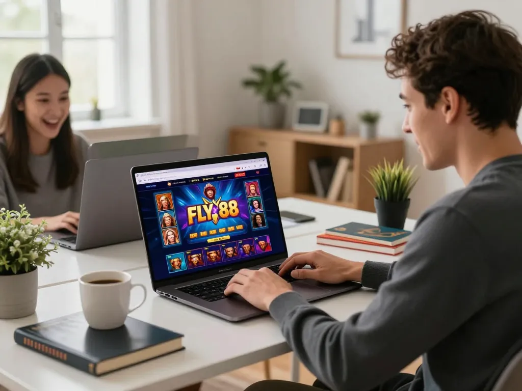 Engaging with FLY 88 online casino on a laptop, celebrating a big win at home.