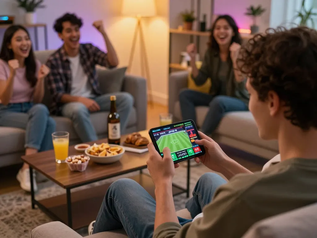 Engaging in Keo nha cai 5 from home with live betting on a smartphone while enjoying snacks.