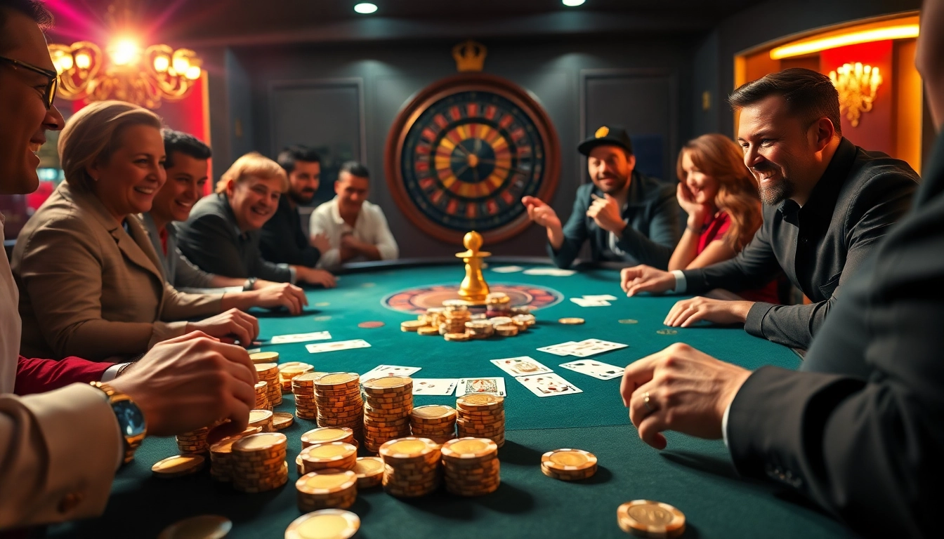 Players enjoying a go999 themed poker game with vibrant chips and cards at a luxury casino.