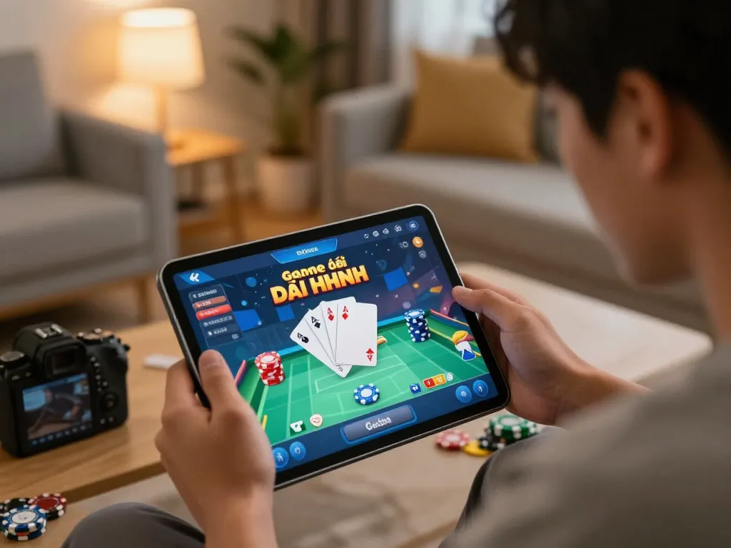 Player engaging with Game bài đổi thưởng app on a tablet, showcasing a dynamic gaming atmosphere