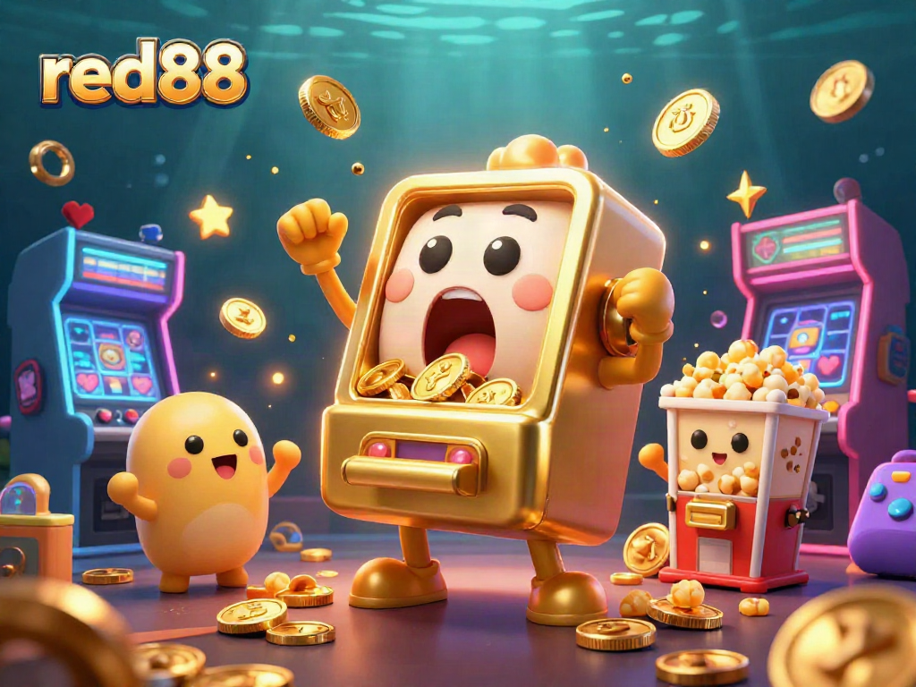 Experience the excitement of red88 with a cartoon slot machine celebrating a jackpot amidst vibrant game elements.