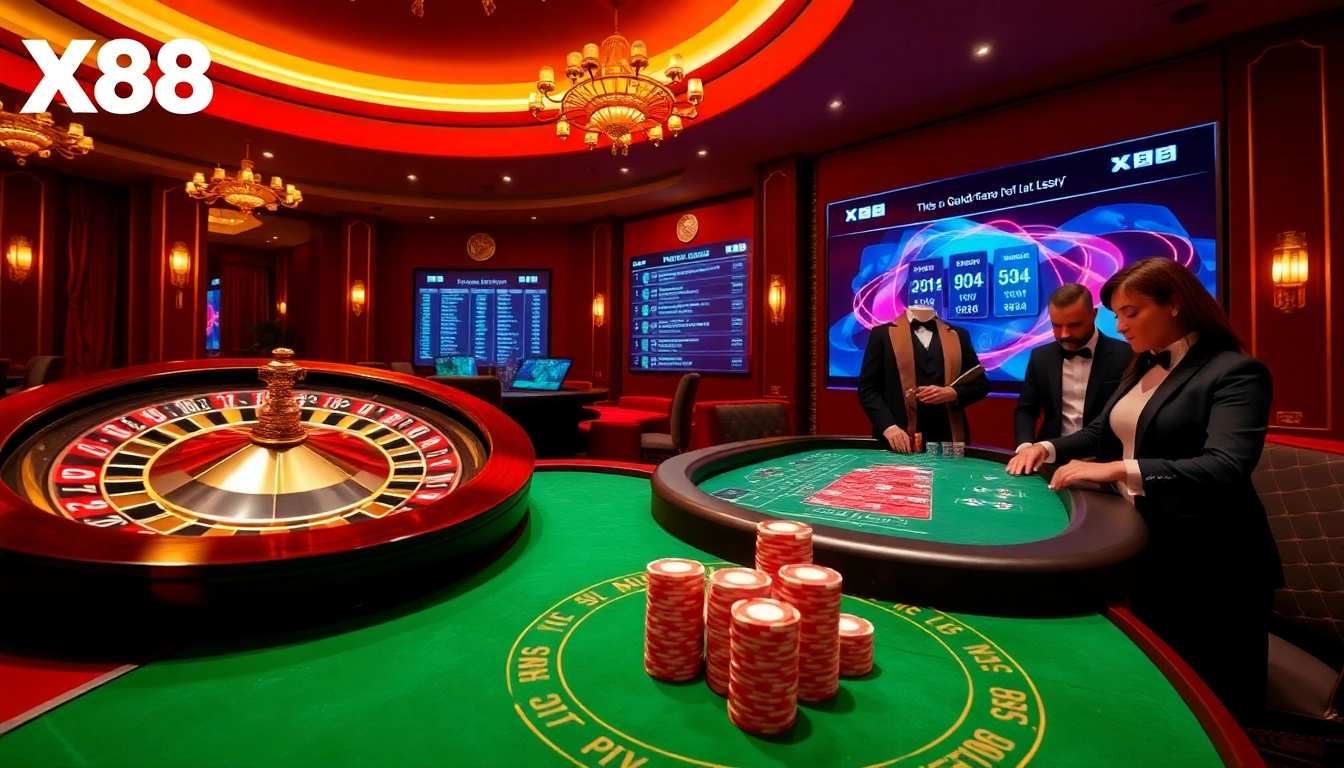 Experience thrilling gameplay at https://x88.law/ with poker chips and a spinning roulette wheel.
