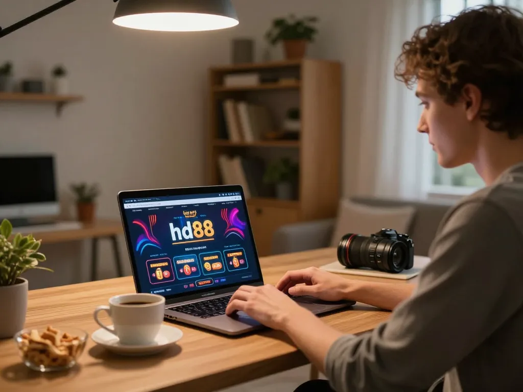 Engaging in strategic gameplay on hd88's online casino platform from a stylish home office.